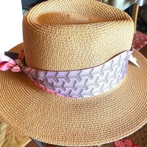 Soleil Palm Beach Straw Sun Hat with Pink and Lavender/Grey Twilly Scarf